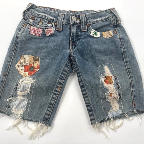 True Religion Jean Shorts Womens 24 Patchwork Denim Distressed Frayed Woodstock - Picture 1 of 15